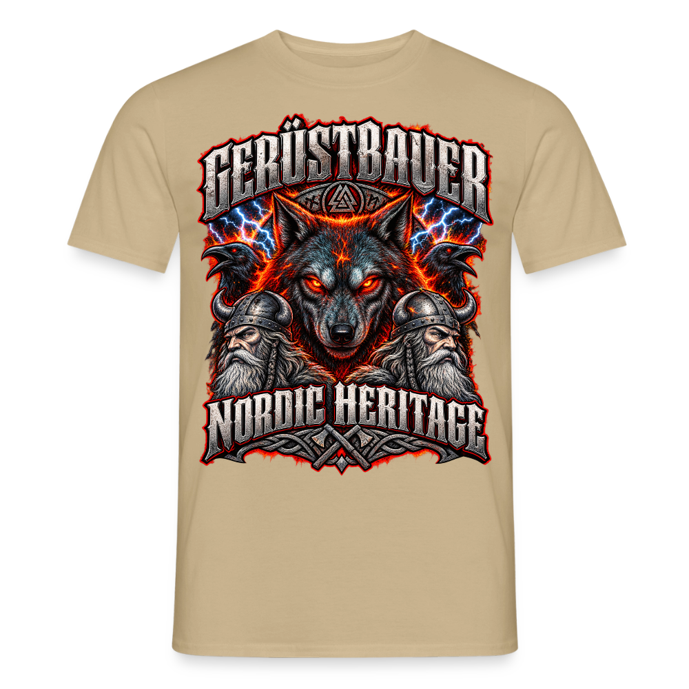 Gerüstbauer Nordic Heritage – Wolf & Blitz – Gerüstbauer T-Shirt für Männer in Sandbeige: Wolf mit Blitzen, Schriftzug „Gerüstbauer – Nordic Heritage“