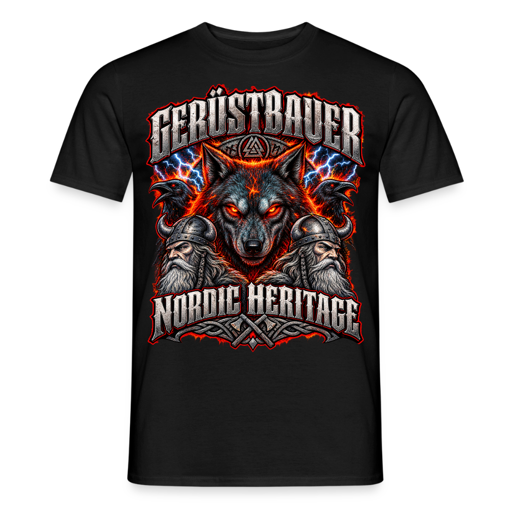 Gerüstbauer Nordic Heritage – Wolf & Blitz – Gerüstbauer T-Shirt für Männer in Schwarz: Wolf mit Blitzen, Schriftzug „Gerüstbauer – Nordic Heritage“