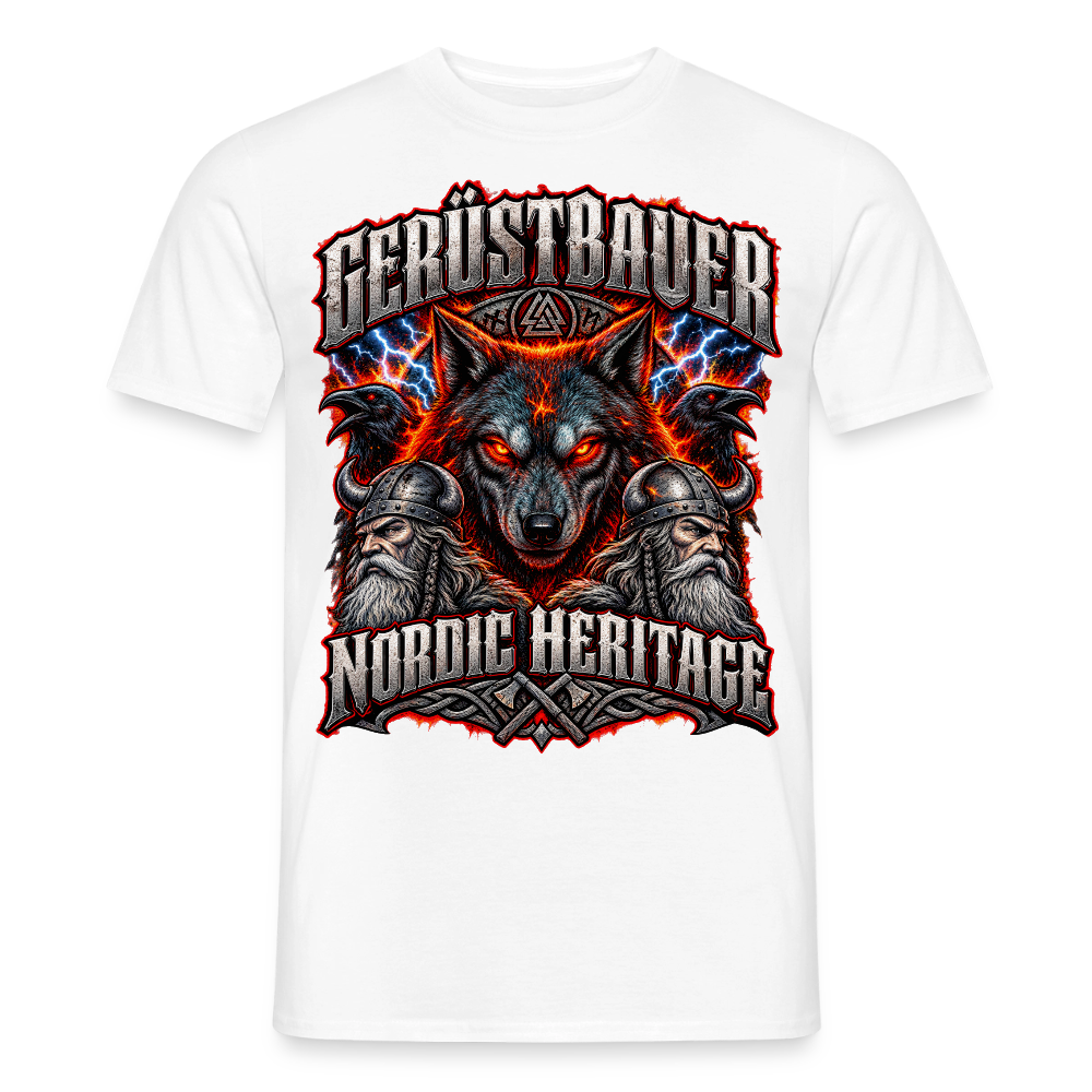 Gerüstbauer Nordic Heritage – Wolf & Blitz – Gerüstbauer T-Shirt für Männer in Weiß: Wolf mit Blitzen, Schriftzug „Gerüstbauer – Nordic Heritage“