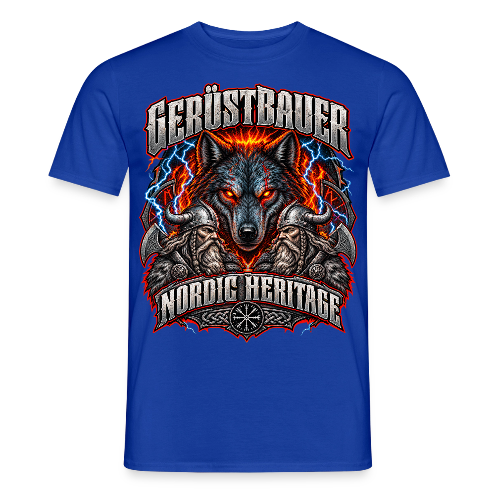 Gerüstbauer Nordic Heritage – Wolf – Gerüstbauer T-Shirt für Männer in Dunkelblau: Wolf vor Feuer, Schriftzug „Gerüstbauer – Nordic Heritage“