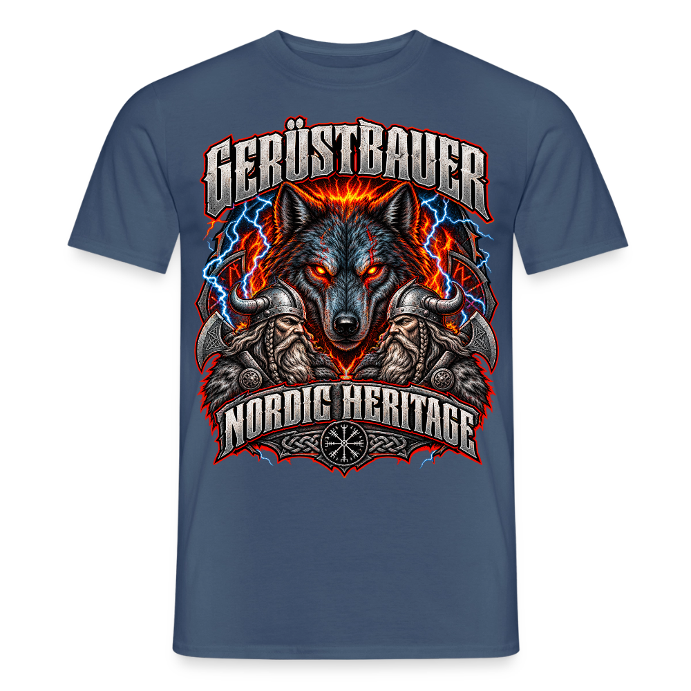 Gerüstbauer Nordic Heritage – Wolf – Gerüstbauer T-Shirt für Männer in Dunkles Denimblau: Wolf vor Feuer, Schriftzug „Gerüstbauer – Nordic Heritage“