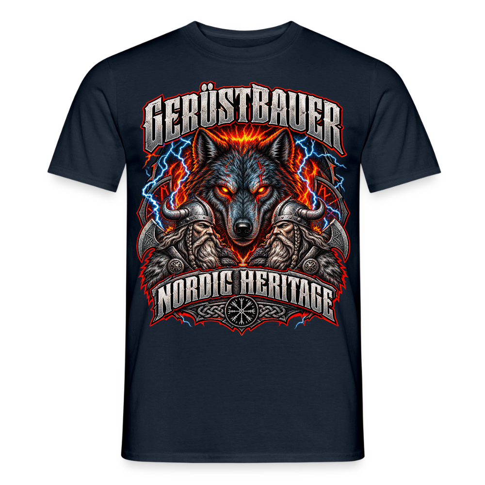 Gerüstbauer Nordic Heritage – Wolf – Gerüstbauer T-Shirt für Männer in Navy: Wolf vor Feuer, Schriftzug „Gerüstbauer – Nordic Heritage“