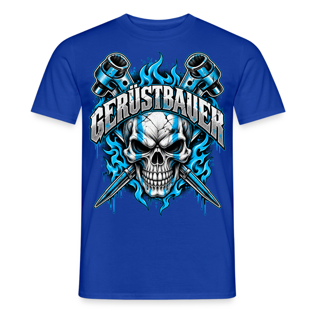 Gerüstbauer Ratsche – Gerüstbauer T-Shirt für Männer in Dunkelblau: Totenkopf in blauen Flammen mit gekreuzten Ratschen