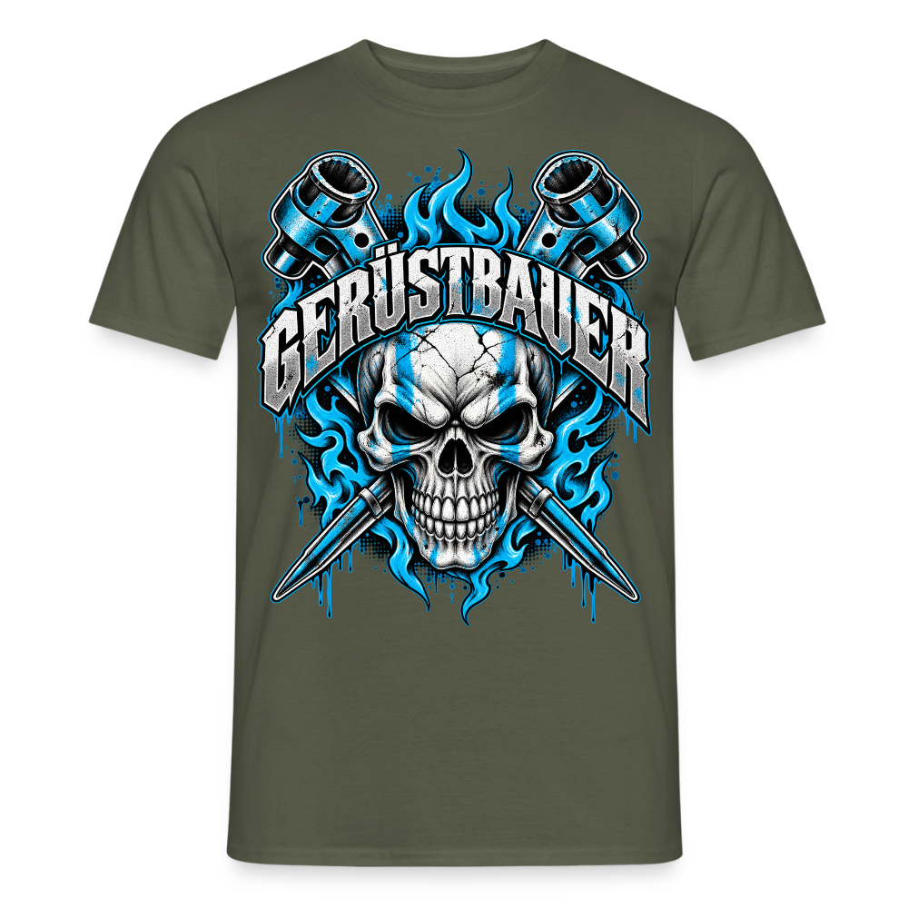 Gerüstbauer Ratsche – Gerüstbauer T-Shirt für Männer in Militärgrün: Totenkopf in blauen Flammen mit gekreuzten Ratschen