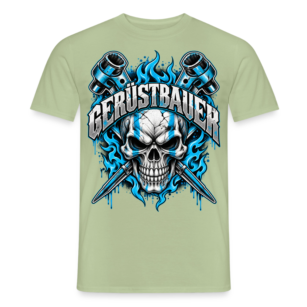 Gerüstbauer Ratsche – Gerüstbauer T-Shirt für Männer in Sage: Totenkopf in blauen Flammen mit gekreuzten Ratschen