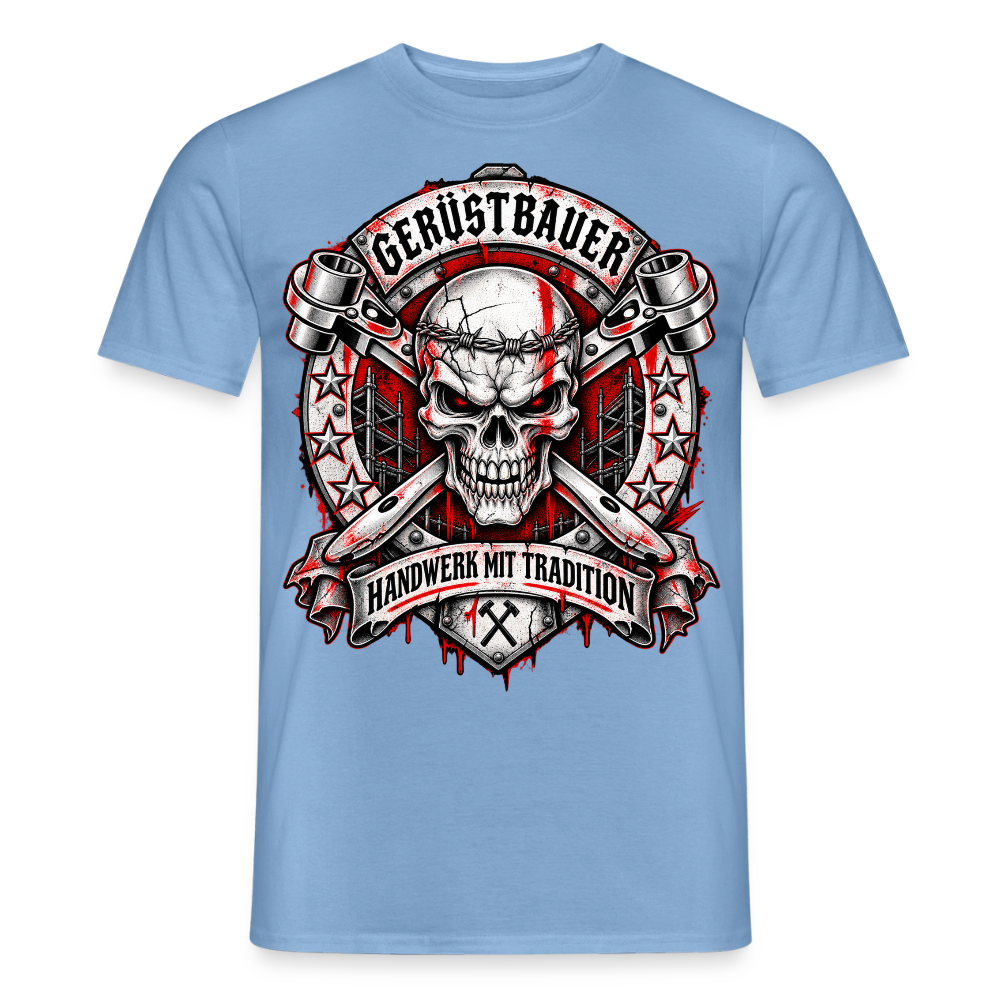 Gerüstbauer Skull – Gerüstbauer T-Shirt für Männer in Carolina Blue: Totenkopf mit gekreuzten Ratschen im Wappen, Banner „Handwerk mit Tradition“