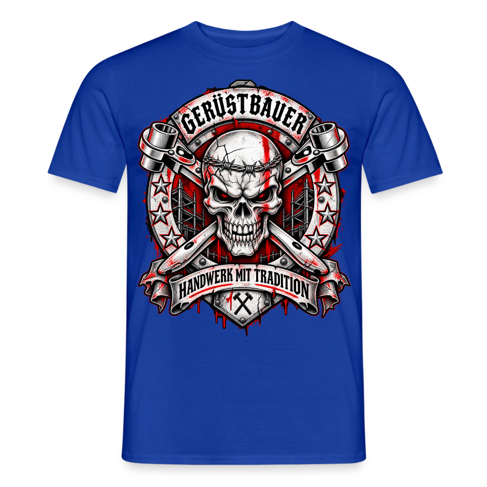 Gerüstbauer Skull – Gerüstbauer T-Shirt für Männer in Dunkelblau: Totenkopf mit gekreuzten Ratschen im Wappen, Banner „Handwerk mit Tradition“