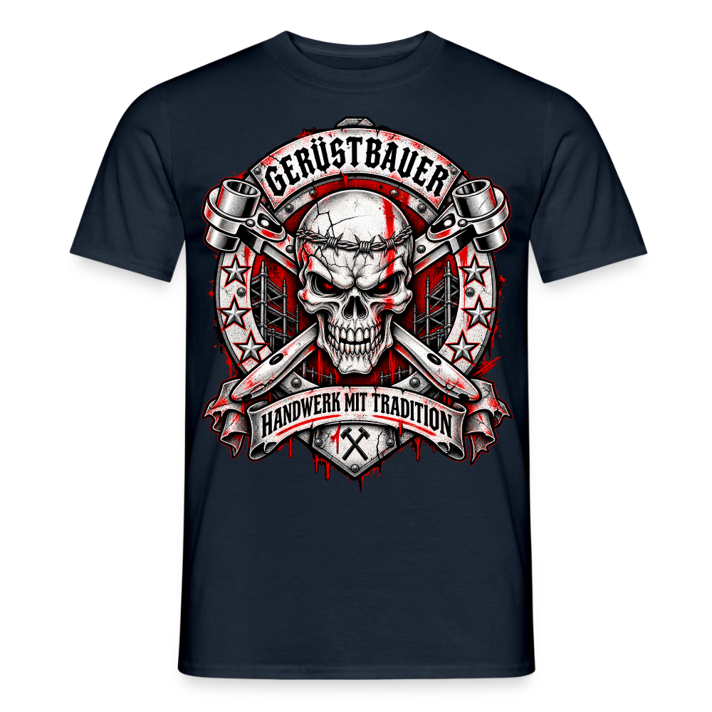 Gerüstbauer Skull – Gerüstbauer T-Shirt für Männer in Navy: Totenkopf mit gekreuzten Ratschen im Wappen, Banner „Handwerk mit Tradition“
