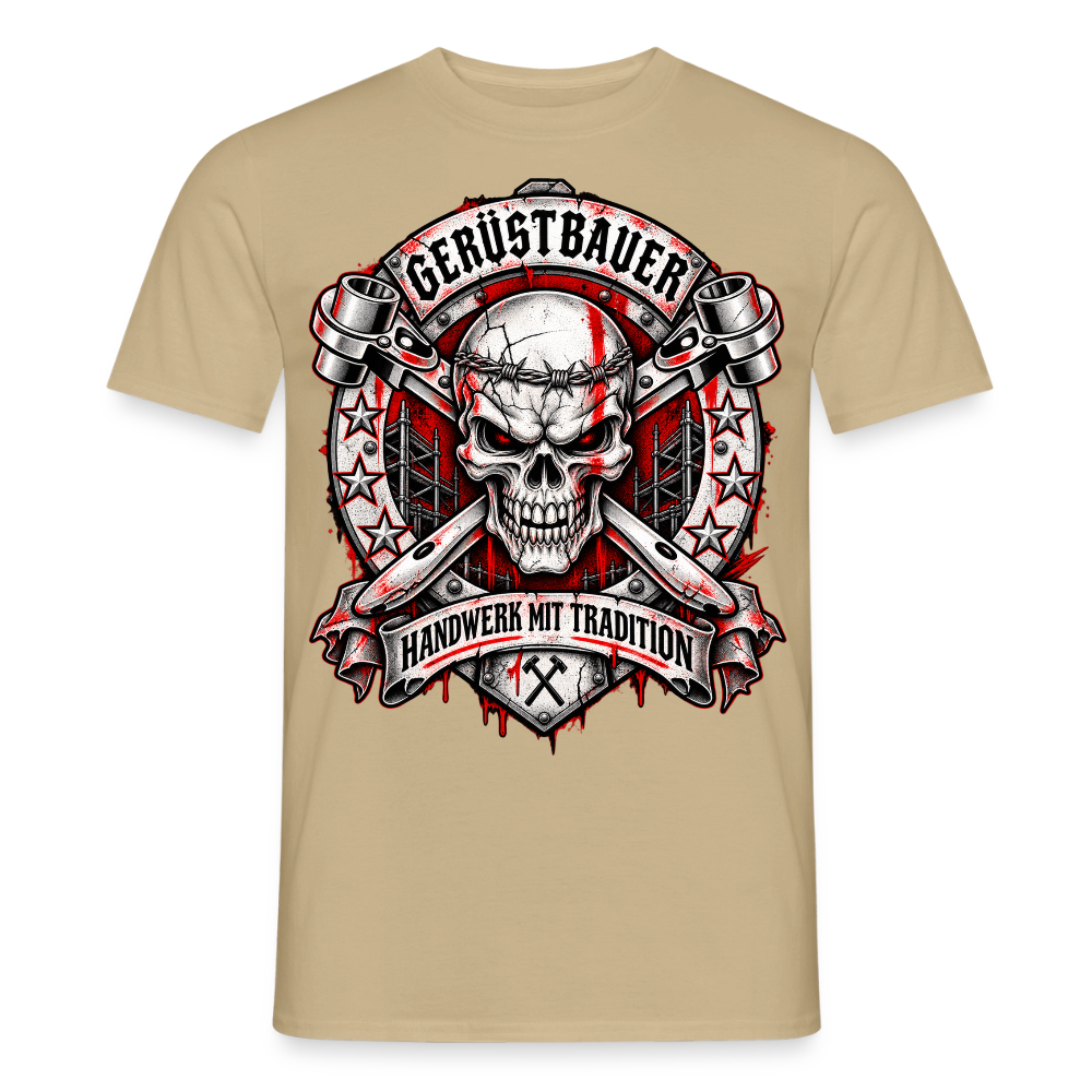 Gerüstbauer Skull – Gerüstbauer T-Shirt für Männer in Sandbeige: Totenkopf mit gekreuzten Ratschen im Wappen, Banner „Handwerk mit Tradition“