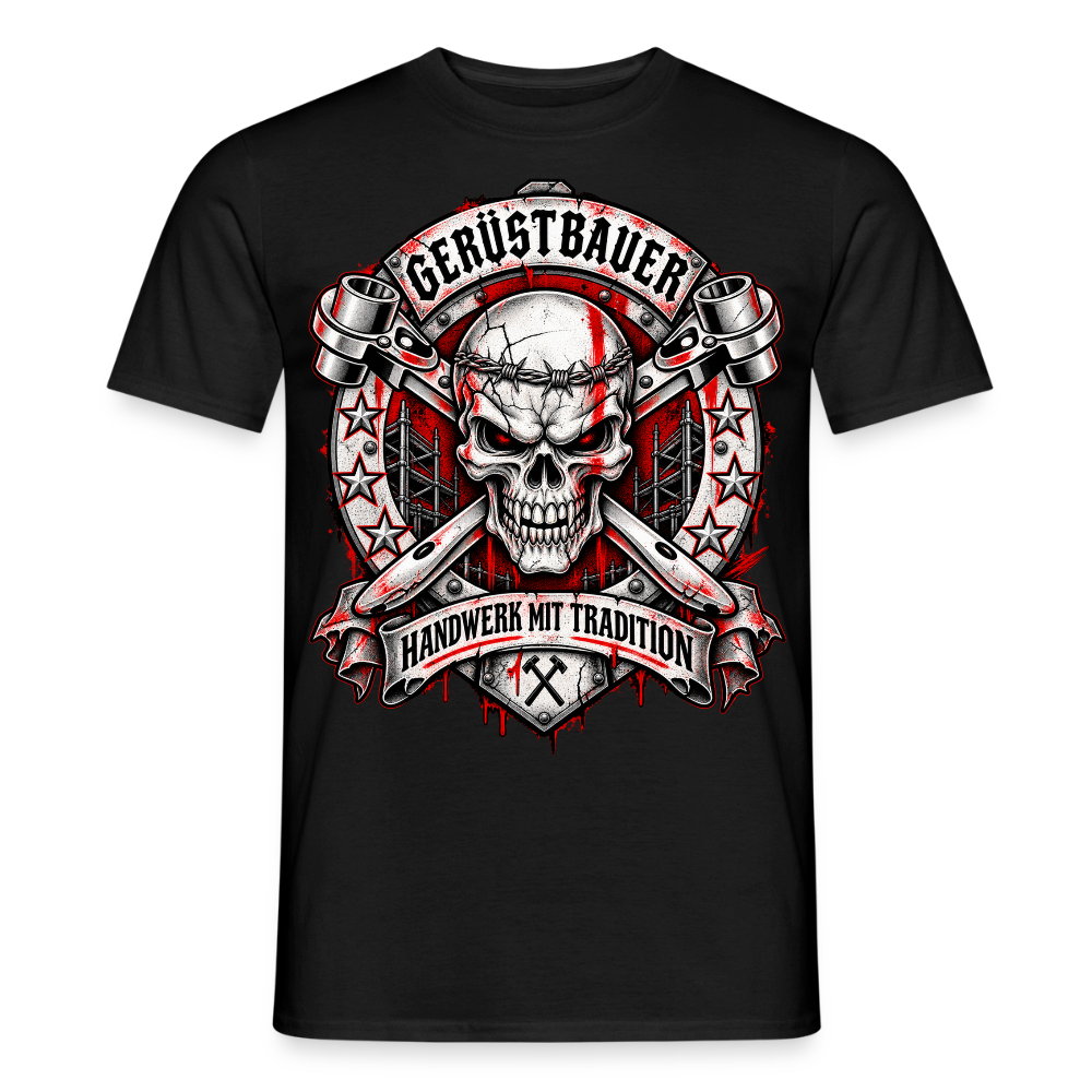 Gerüstbauer Skull – Gerüstbauer T-Shirt für Männer in Schwarz: Totenkopf mit gekreuzten Ratschen im Wappen, Banner „Handwerk mit Tradition“