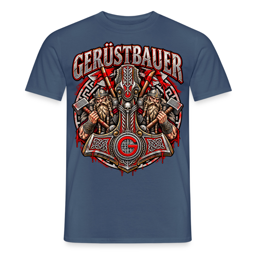 Gerüstbauer Thors Hammer – Gerüstbauer T-Shirt für Männer in Dunkles Denimblau: Thors Hammer Mjölnir mit zwei Wikinger-Kriegern und Gerüstbauer-Emblem