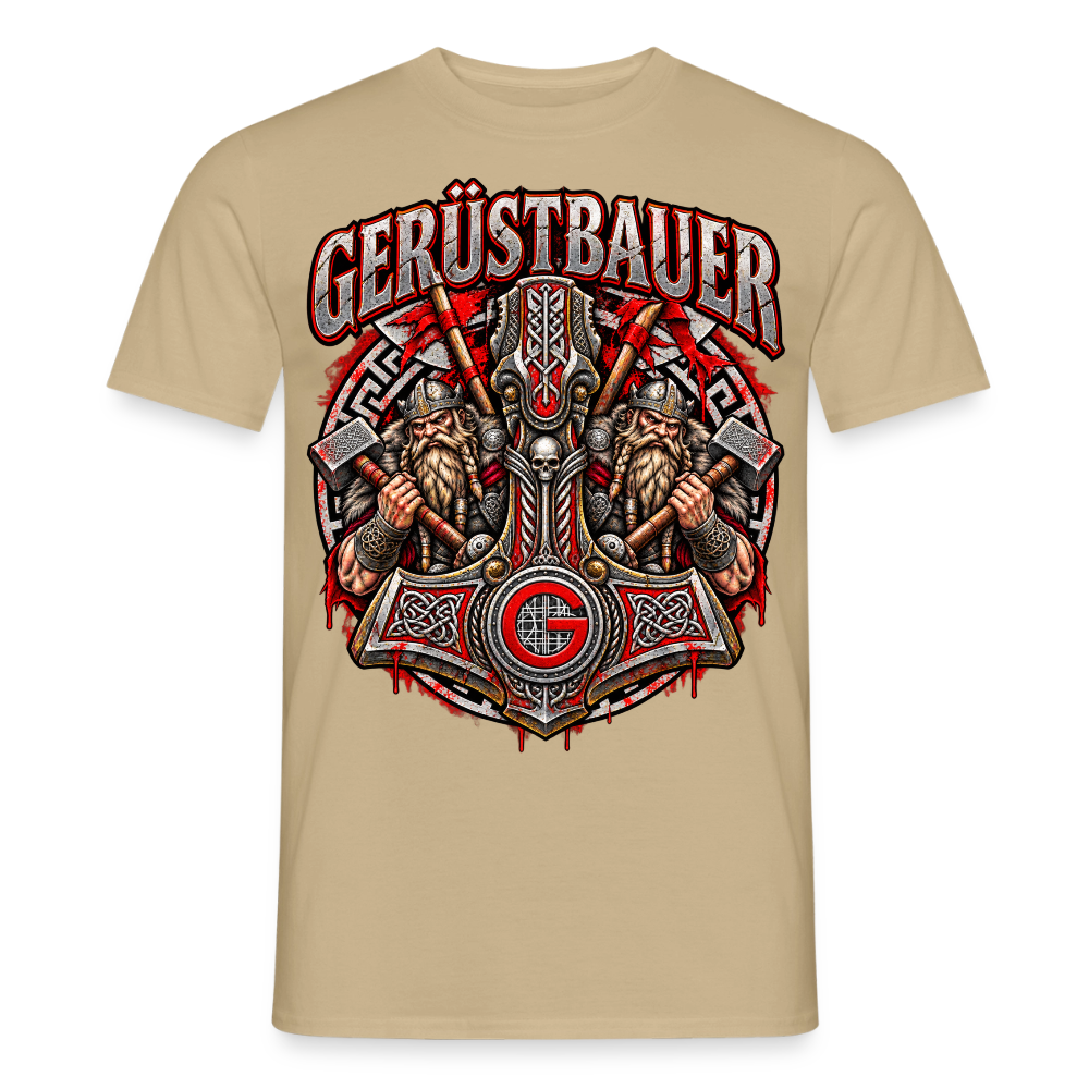 Gerüstbauer Thors Hammer – Gerüstbauer T-Shirt für Männer in Sandbeige: Thors Hammer Mjölnir mit zwei Wikinger-Kriegern und Gerüstbauer-Emblem