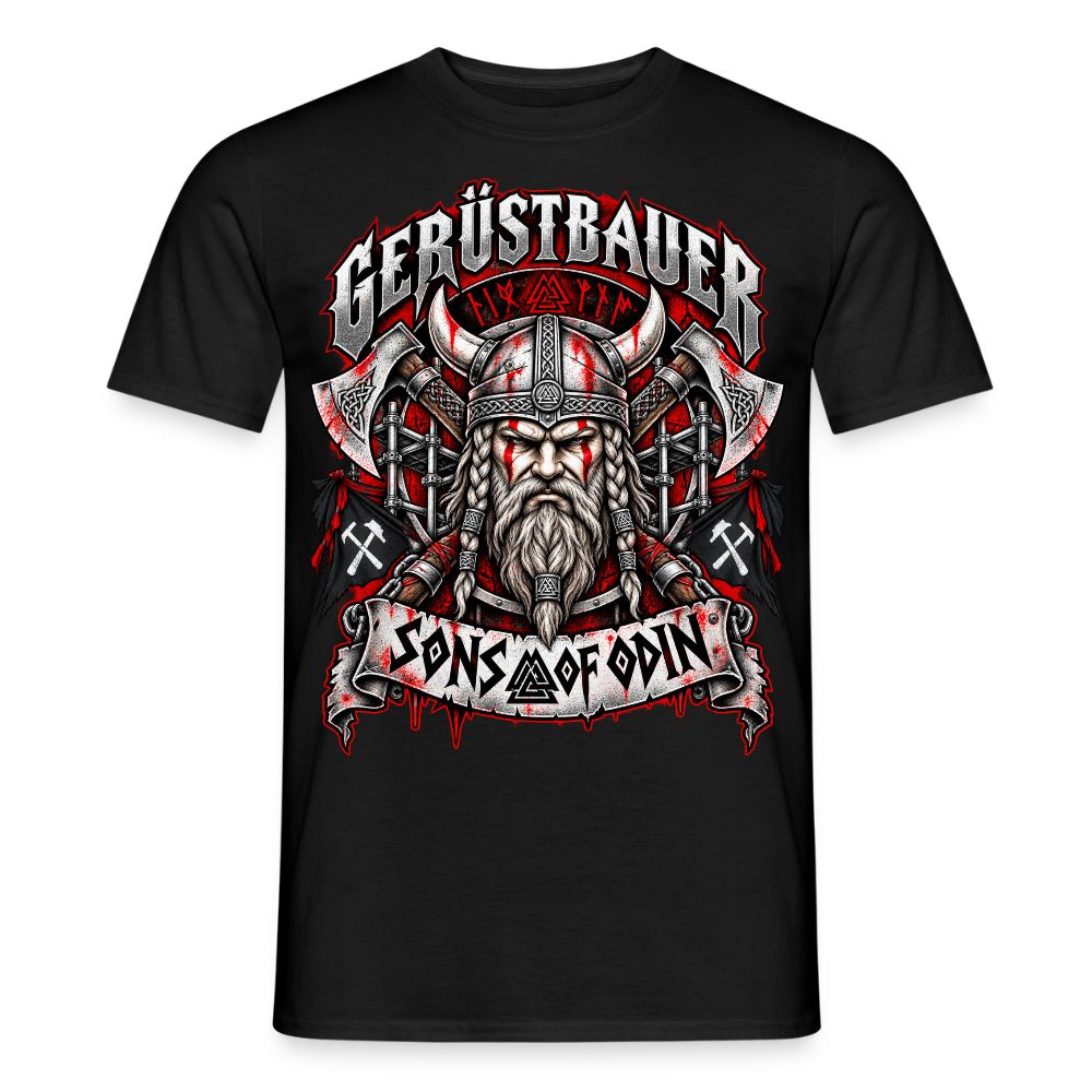 Gerüstbauer Viking – Gerüstbauer T-Shirt für Männer in Schwarz: Wikinger-Krieger mit Äxten, Schriftzug „Sons of Odin“