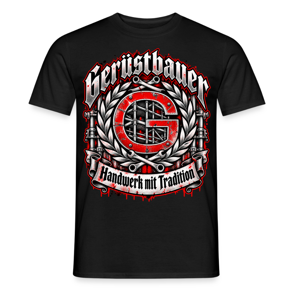 Gerüstbauer Zunftwappen – Gerüstbauer T-Shirt für Männer in Schwarz: Gerüstbauer-Zunftwappen mit Lorbeerkranz, Schriftzug „Handwerk mit Tradition“