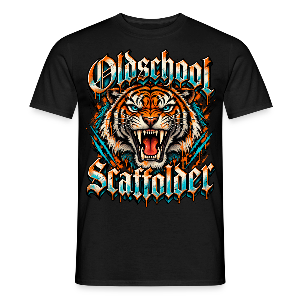 Oldschool Scaffolder – Gerüstbauer T-Shirt für Männer in Schwarz: brüllender Tiger mit Schriftzug „Oldschool Scaffolder“