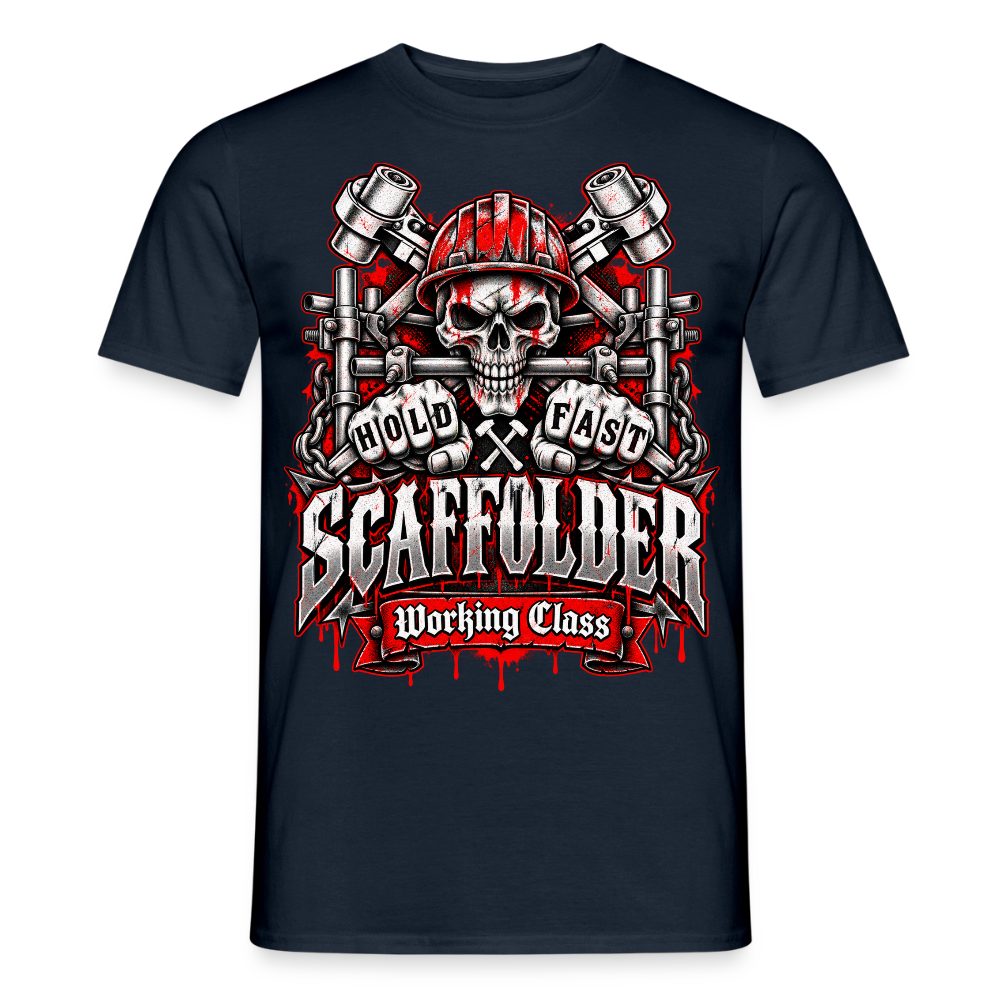 Scaffolder Working Class – Gerüstbauer T-Shirt für Männer in Navy: Totenkopf mit Bauhelm, Schriftzug „Scaffolder – Working Class – Hold Fast“